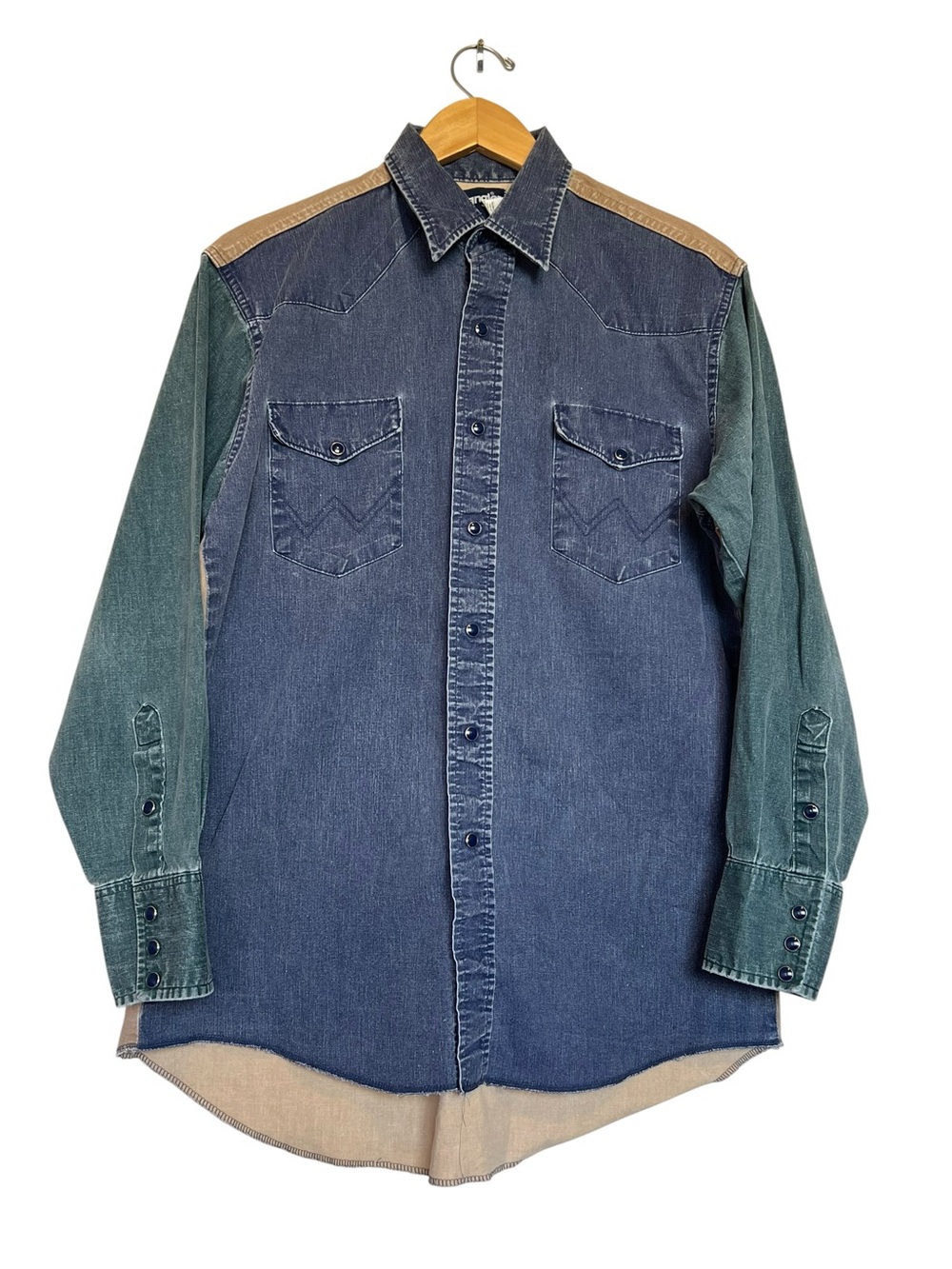 Wrangler VTG Brushpopper Color Block Pearlsnap Denim Rodeo Western Medium Shirt
